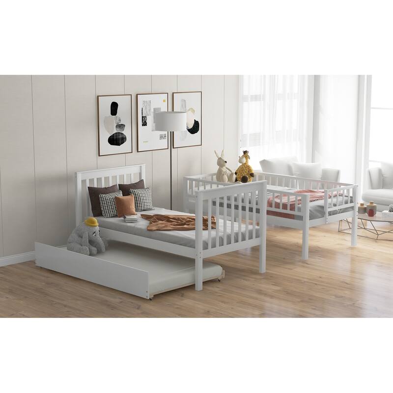 Twin Over Twin Bunk Bed with Trundle and Storage Shelves, Space-Saving Design