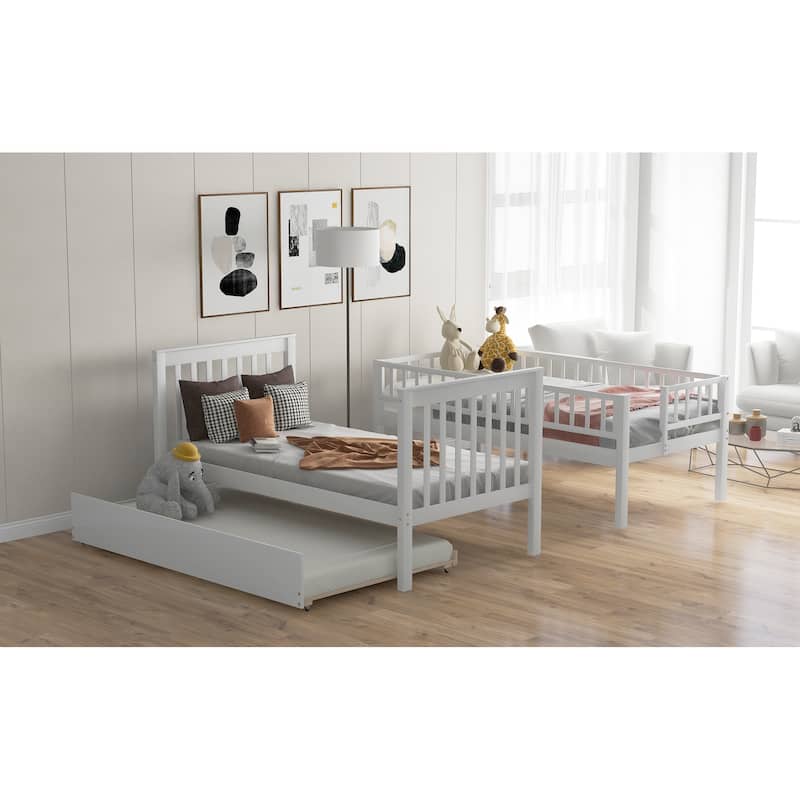 Twin over Twin Bunk Bed with Trundle and Storage, White