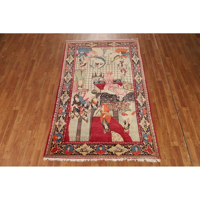 Pre-1900 Antique Pictorial Kashan Persian Rug Hand-Knotted Wool Carpet - 4'3"x 7'0"