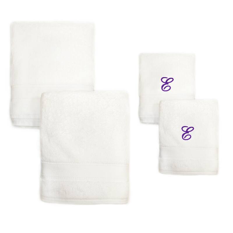 Sweet Kids 2-piece White Turkish Cotton Bath and Hand Towel Set with Lavender Purple Monogrammed Initial - white/purple e