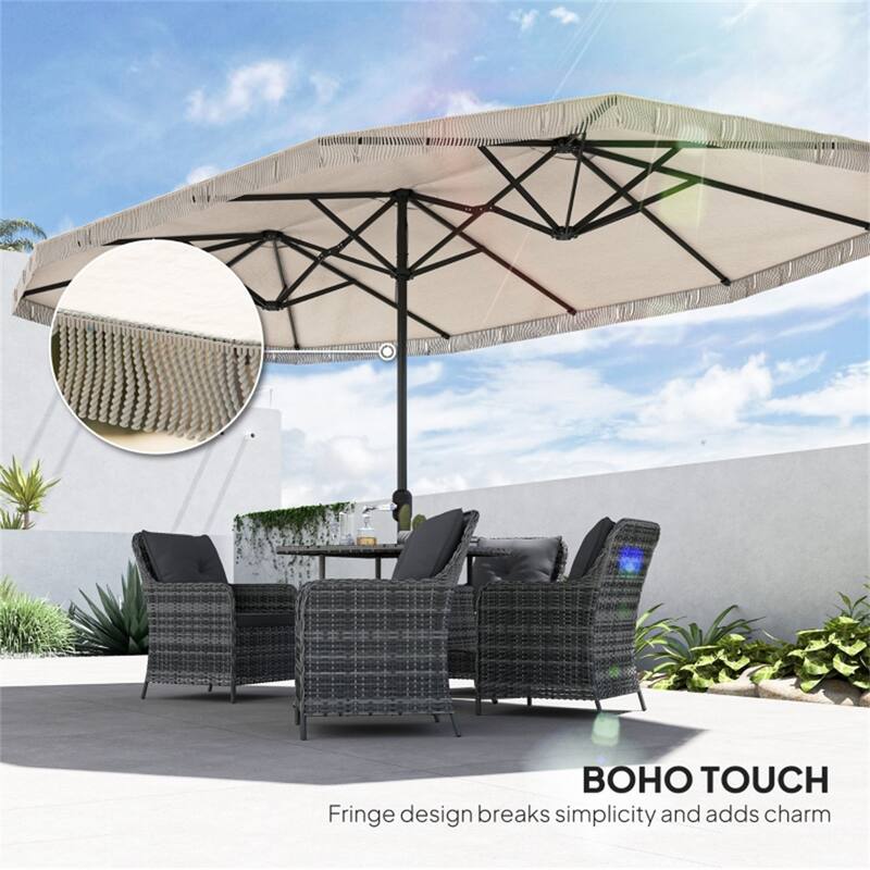 Large 15ft Outdoor Double-Sided Umbrella with UPF30+ Shade and Steel Pole Decorative Fringe