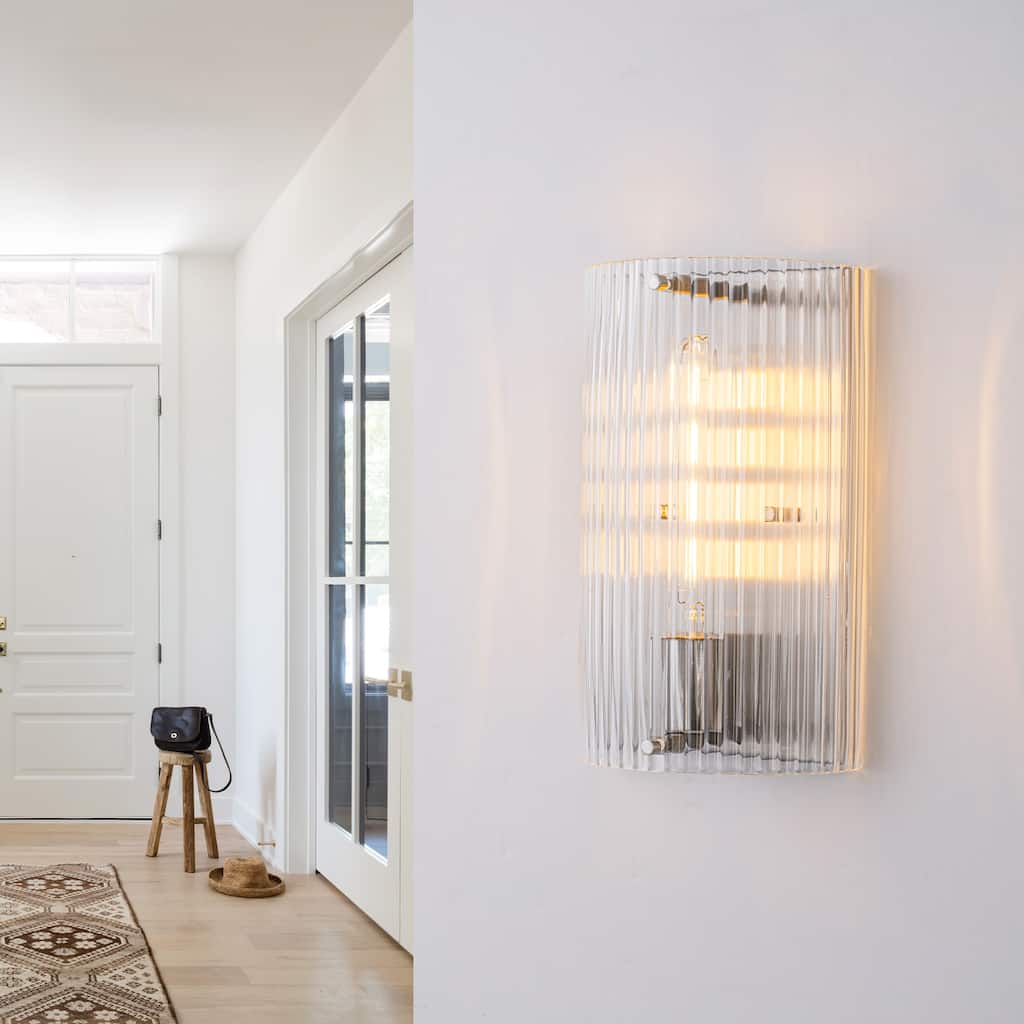 Brushed Nickel Wall Sconce Half-Cylinder Fluted Clear Glass Shade