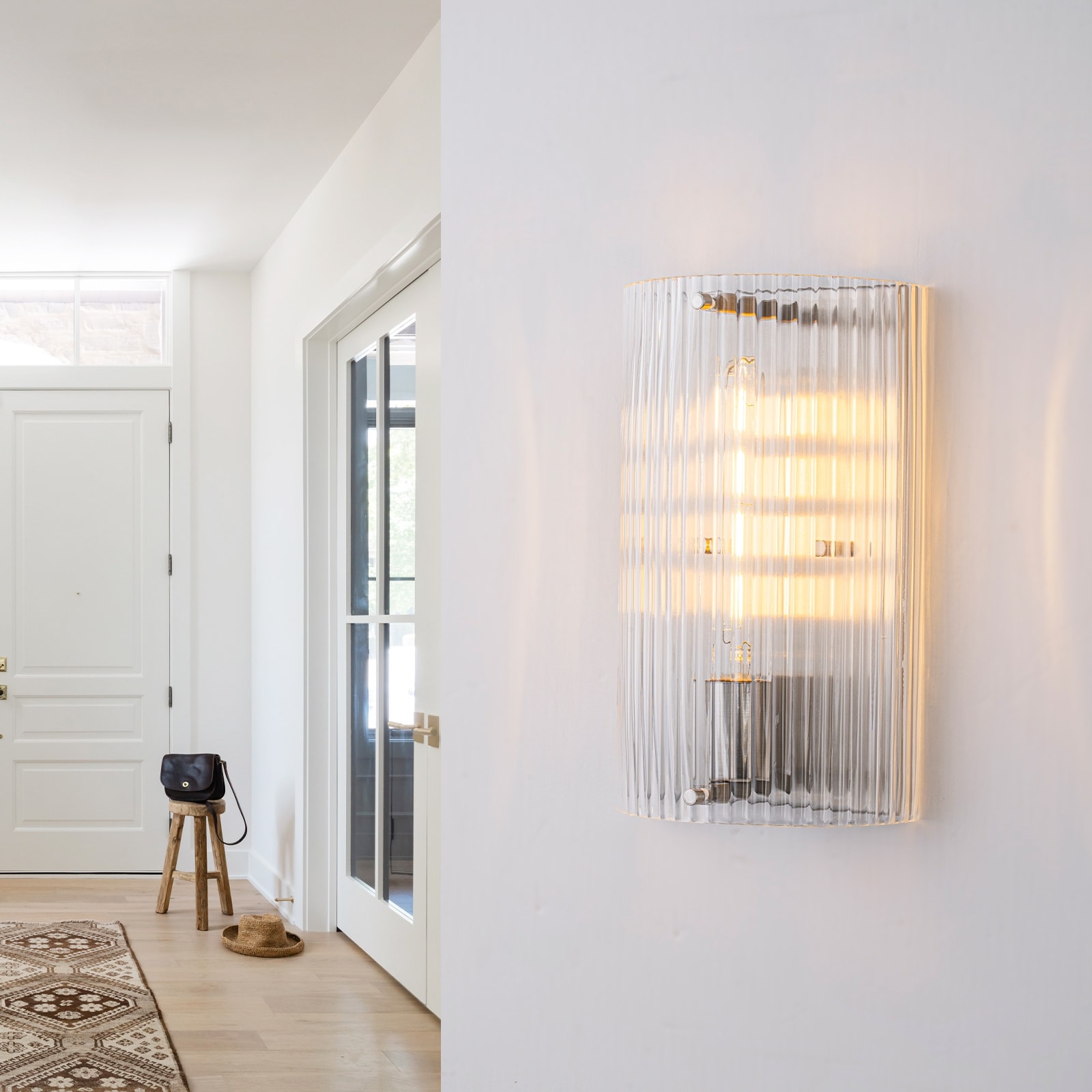 Brushed Nickel Wall Sconce Half-Cylinder Fluted Clear Glass Shade