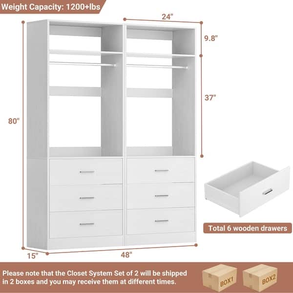 dimension image slide 0 of 11, Kyrvo Freestanding Closet System with 3 Wooden Drawers and Hanging Rod and Storage Shelf, Walk-in Closet Organizer Wardrobe