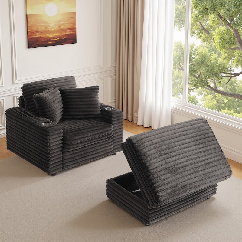 Oversized Cotton Flannel Chaise Longue with Storage Ottoman