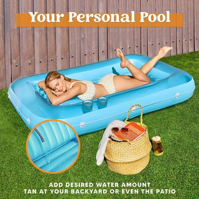 Inflatable Tanning Pool Lounge Float, 70" x 46" Suntan Tub Raft, Personal Pool Lounger with Pillow for Adults