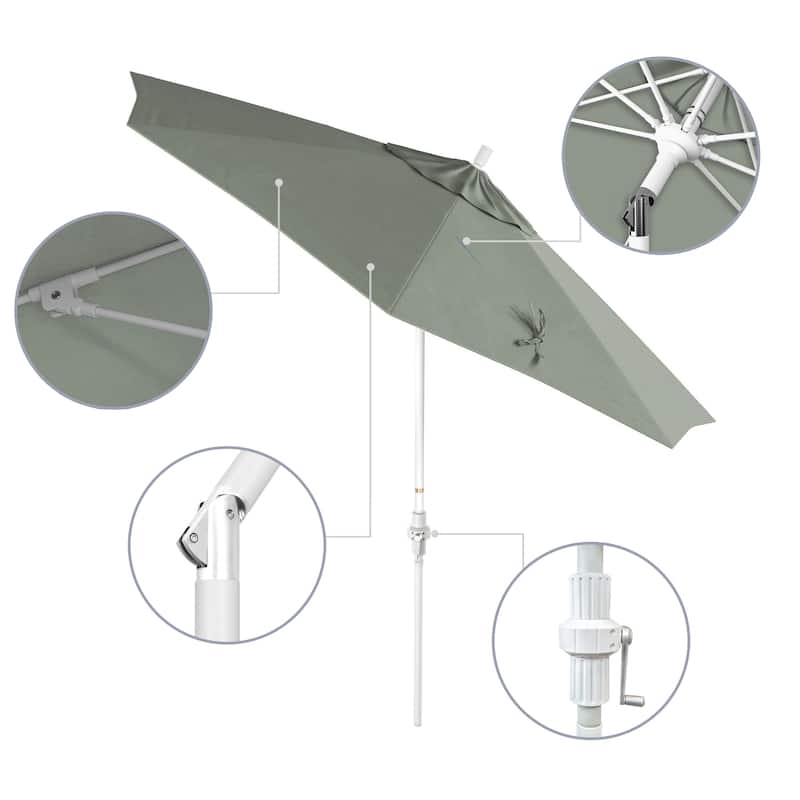 California Umbrella 9' Rd Patio Umbrella White Aluminum Frame Fiberglass Ribs Crank Lift Collar Tilt Sunbrella