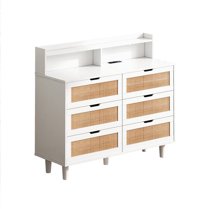White Rattan Drawer Storage Cabinet with LED Lights and Power Outlet, Great for Bedroom and Living Room, 43.31" Size