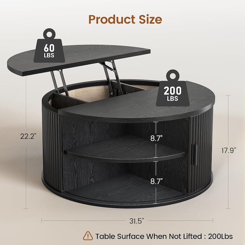 Round Lift Top Coffee Table 180 Grad Curved Sliding Door Living Room