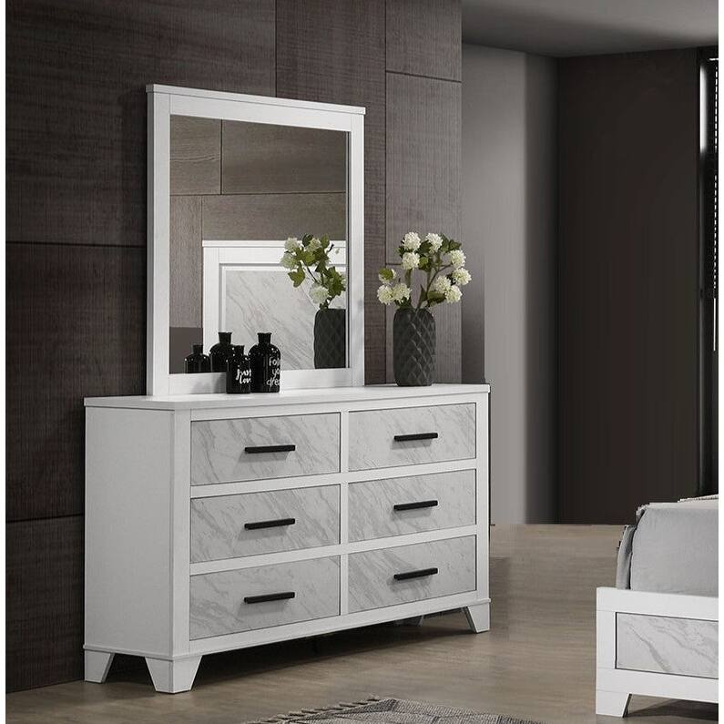 4 Pc Contemporary Bedroom Set White Finish Bed Nightstand Dresser and Mirror