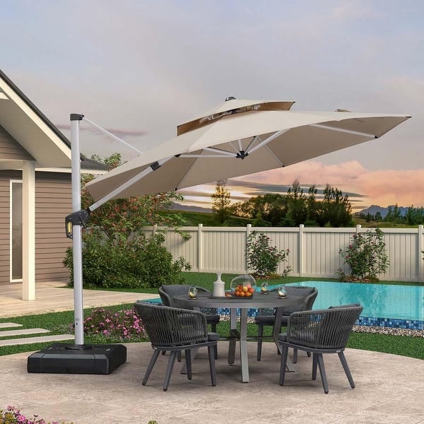 11 round offset patio umbrella with base 10 / ft Umbrellas The growing popularity of cantilever umbrellas due to their adaptability and distinctive looks make them a perfect choice for anyone who wants a premium shade product with maximum usefulness PURPLE LEAF 11 ft Round