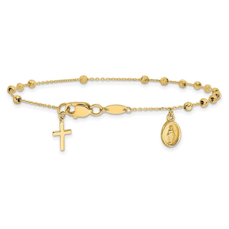 Curata 14k Yellow Gold 7.5" Miraculous Medal And Cross Rosary Design Bracelet