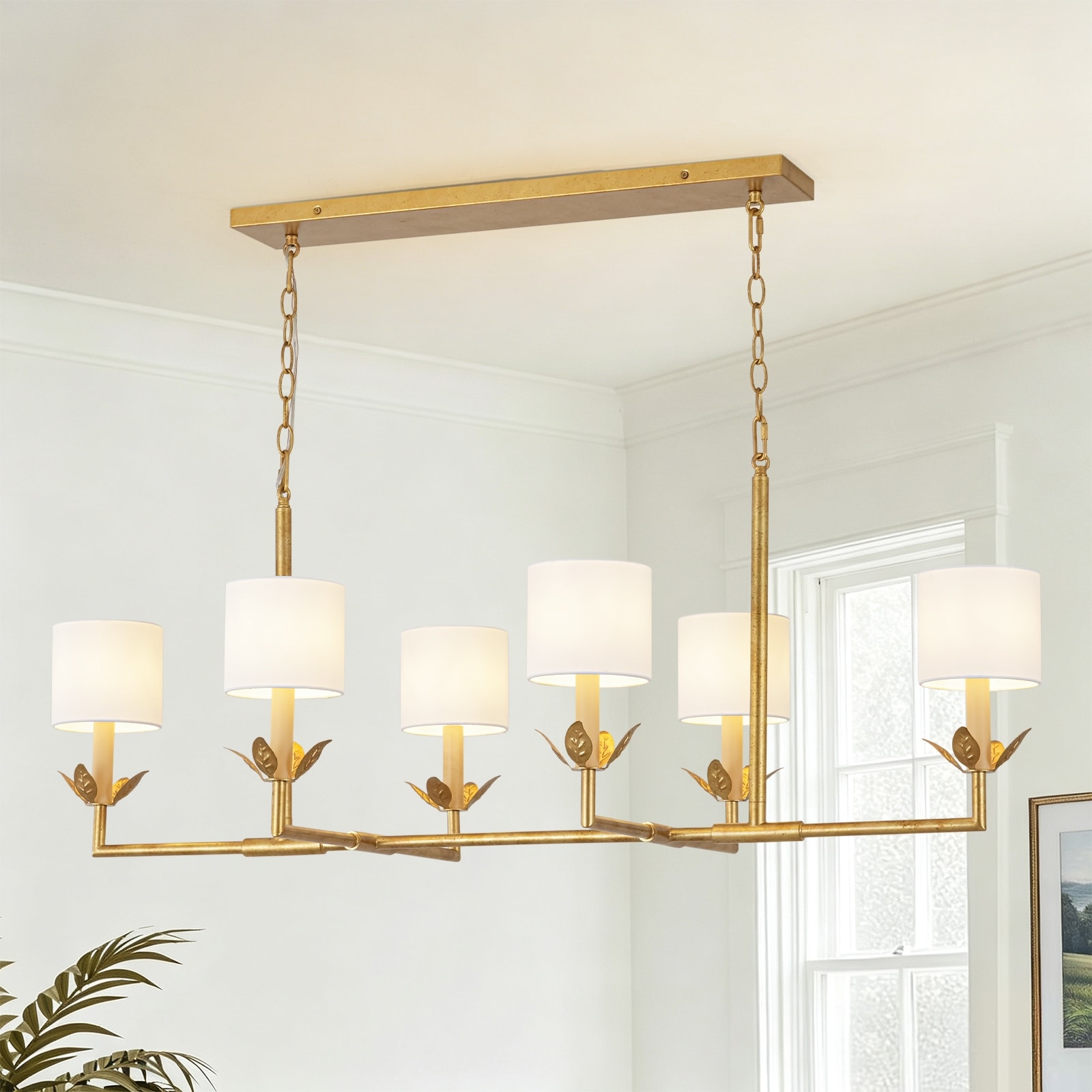 Rennnsan 6-Light Farmhouse Linear Fabric Shade Pendant Light for Kitchen Island/Dining Room