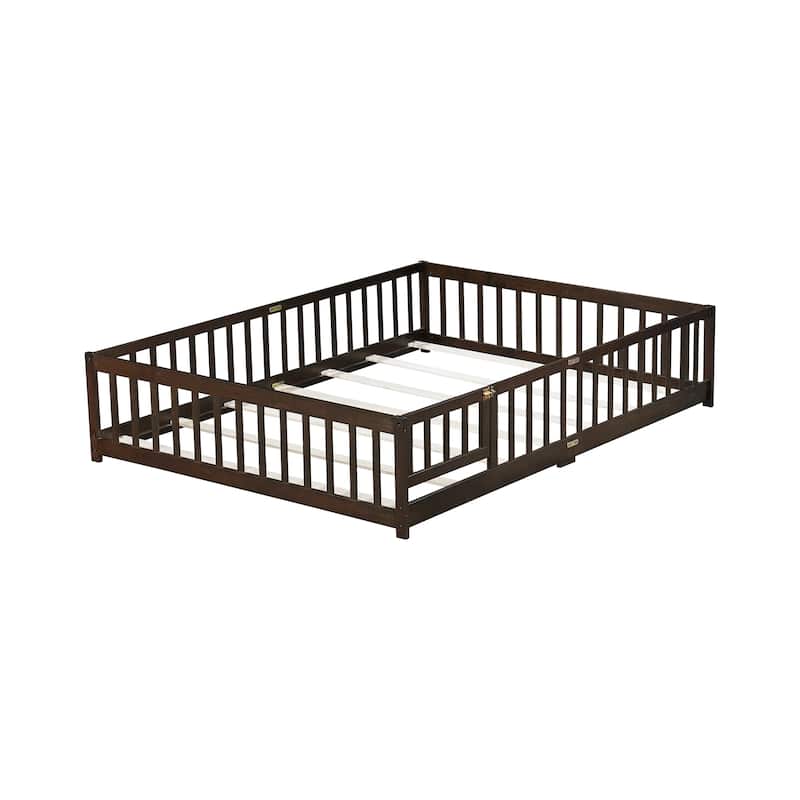 Grey Queen Size Wooden Floor Bed with Fence, Door, Rubber Safety Guardrails