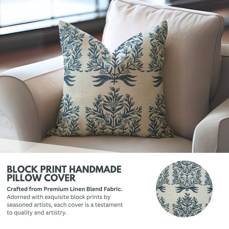 Fabdivine Hand Block Print Floral Pillow Cover Linen Cushion Case for Sofa Guest Room Fall Home Accent Gift, Shehjan