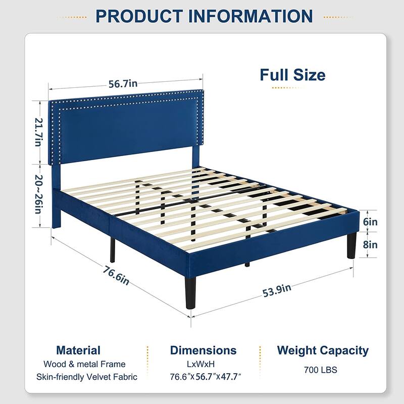 Upholstered Platform Bed Frame with Adjustable Headboard, Velvet Nailhead Trim, No Box Spring Needed