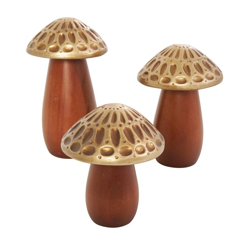 Brown Wood Mushroom Decorative Sculpture with Gold Tops and Groove Patterns (Set of 3)
