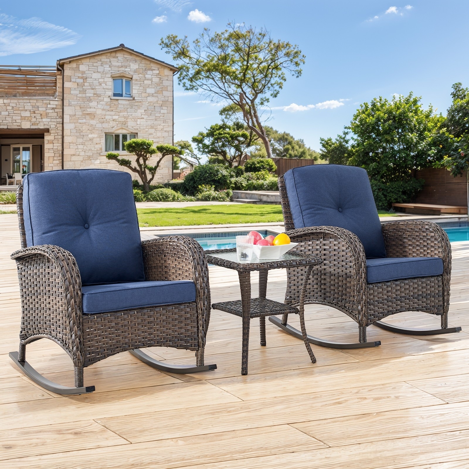 Gymojoy Patio Furniture Set PE Wicker Rocking Chairs & Side Table