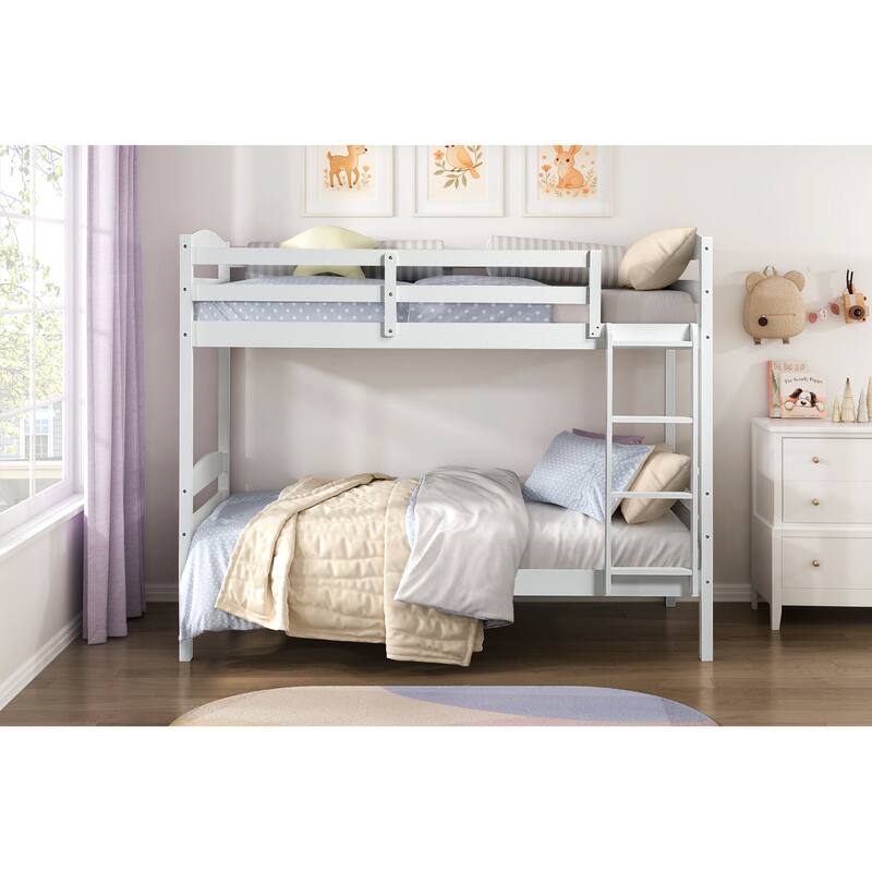 Twin Over Twin Bunk Bed with Guard Rails, Sturdy Wood Frame, White Finish, Youth Bedroom Furniture