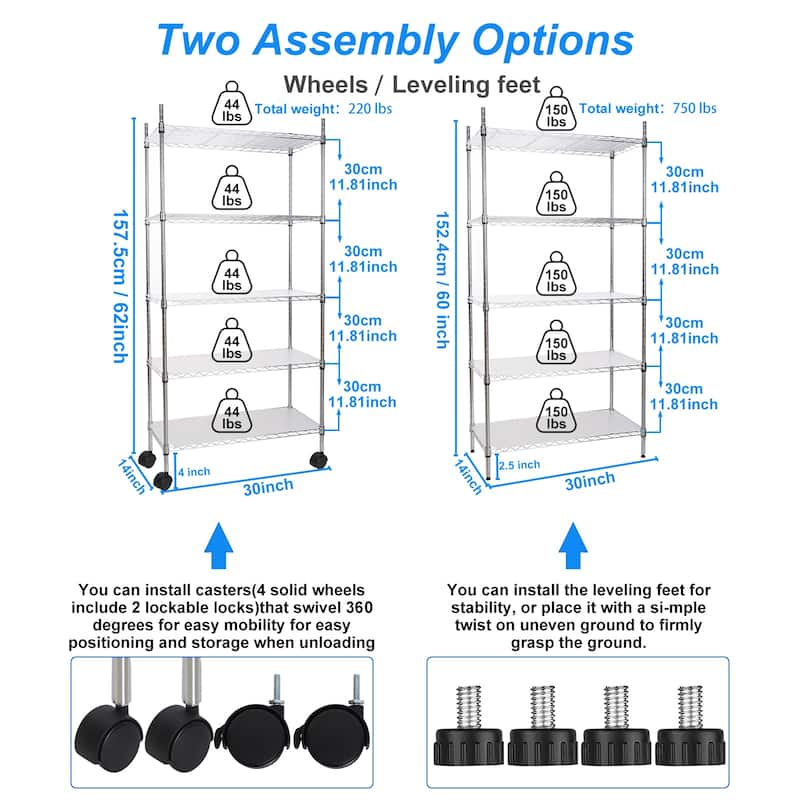 5 Tier Wire Shelving Unit, Heavy Duty Metal Large Storage Shelves Height Adjustable for Garage Kitchen Office