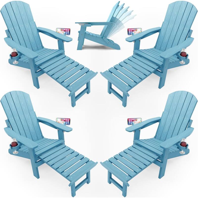 WINSOON All Weather HIPS Folding Adirondack Chair 5-Gear Adjustable Backrest Chairs with Retractable Ottoman Set of 4 - Baby Blue