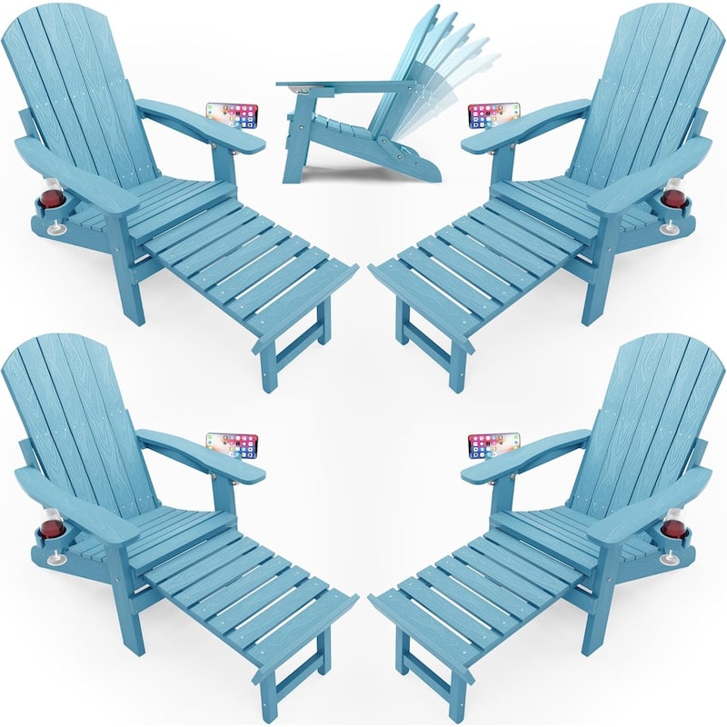 WINSOON All Weather HIPS Folding Adirondack Chair with Ottoman, 5-Gear Adjustable Backrest and Retractable Ottoman Set of 4 - Blue x4