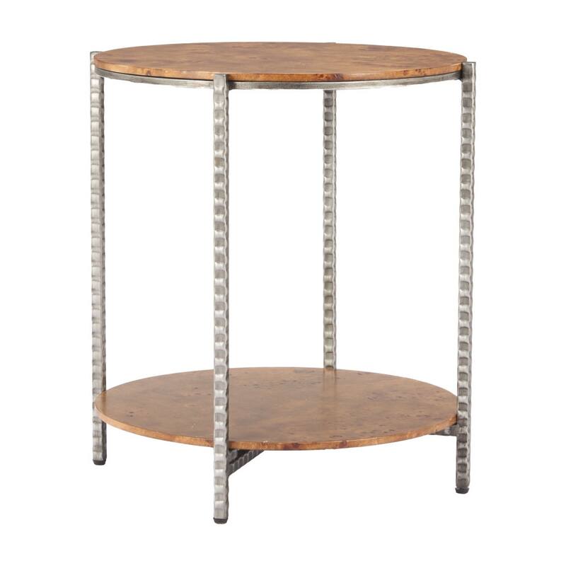 HomeRoots 22" Natural and Silver Wood and Steel Round End Table With Shelf - 20.00 in. x 22.00 in. x 20.00 in.