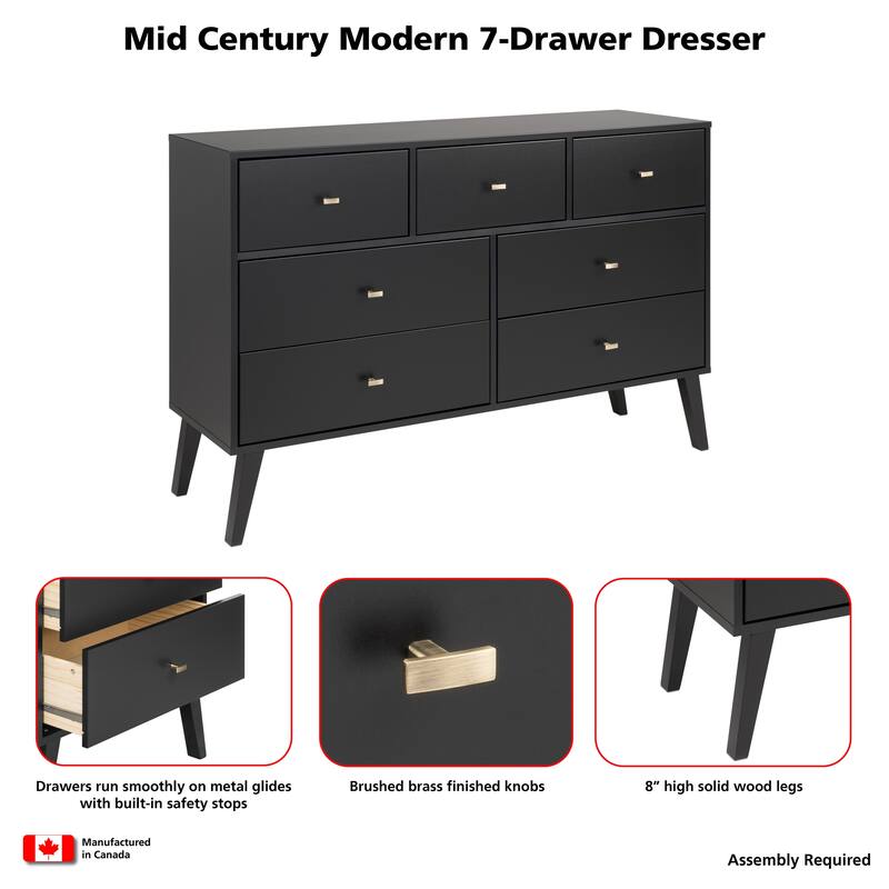 Prepac Milo MidCentury Modern 7 Drawer Double Dresser for Bedroom
