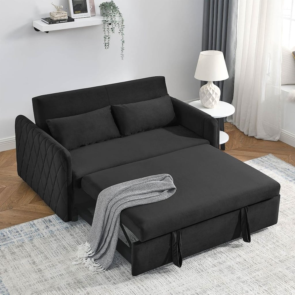 55" Modern Velvet Convertible Sofa Bed with 2 Removable Arm Pockets and 2 Pillows