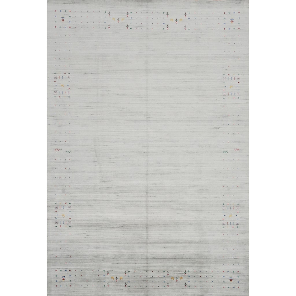 Hand Knotted Oriental Viscose Silk Carpet Tribal Animal Pictorial Greys & Charcoal Gabbeh Area Rug - 11' 8'' X 8' 10''