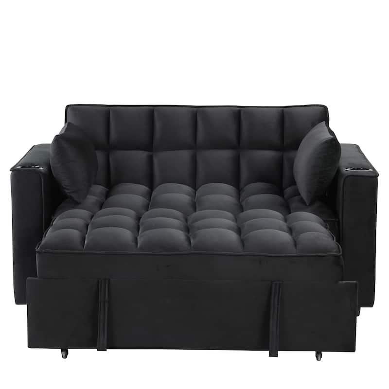 58" Velvet Sofa Bed with Built-In Cup Holder and USB Port, Great for Apartments or Guest Rooms