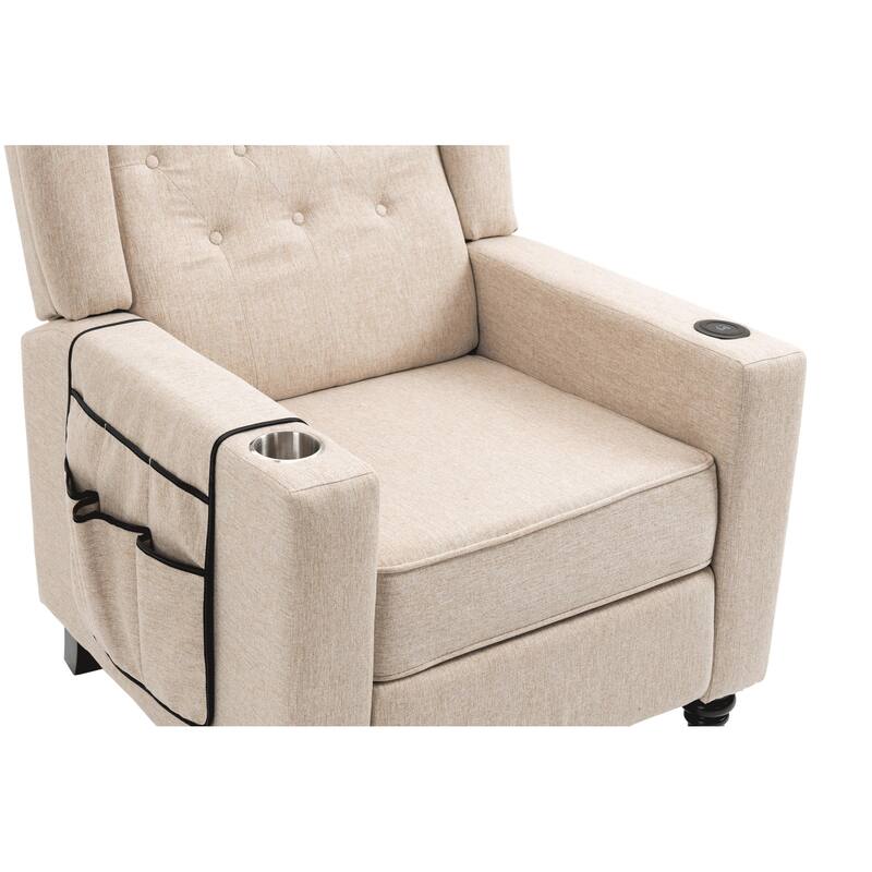 Linen Fabric Wingback Push Back Recliner Chair with 2 Hidden UBS Ports