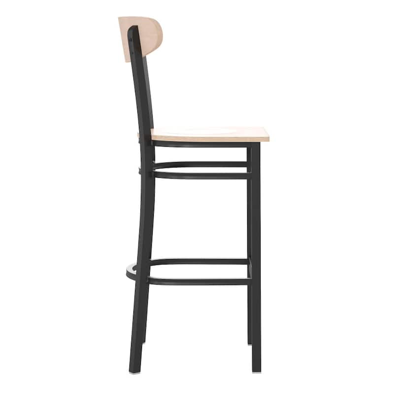 Commercial Metal Barstool with Wood Seat and Boomerang Back