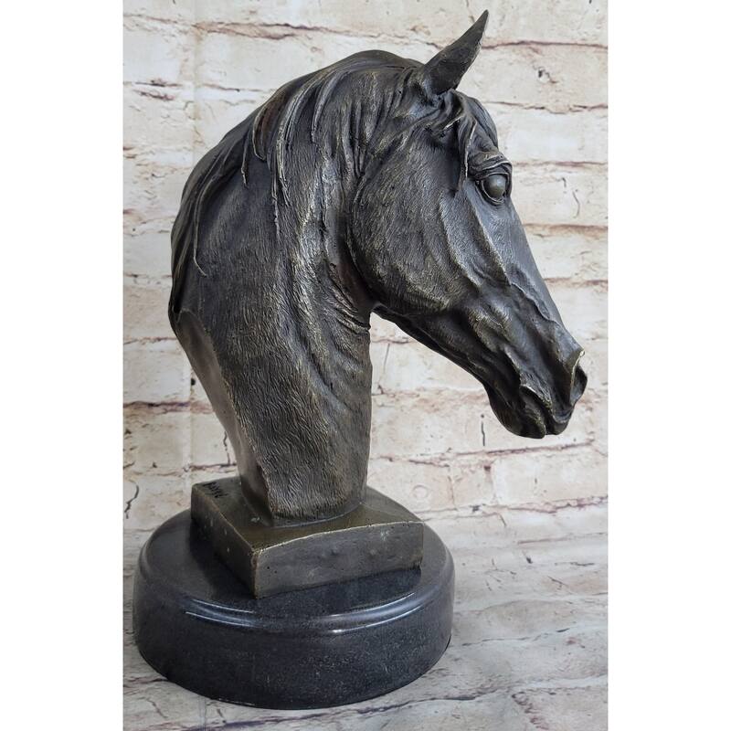 Signed Barye Unique Bronze Bust Horse Head Sculpture Marble Base Statue Figure