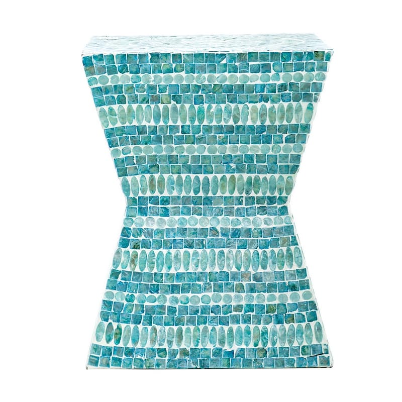 14 Inch Capiz Accent Table Stool, Blue Mosaic Geometric Hourglass Shape