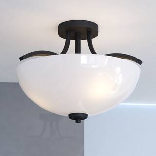 VAXCEL River Grove Matte Black Bowl Semi Flush Mount Lighting Fixture, Frosted White Glass Shade, LED Compatible