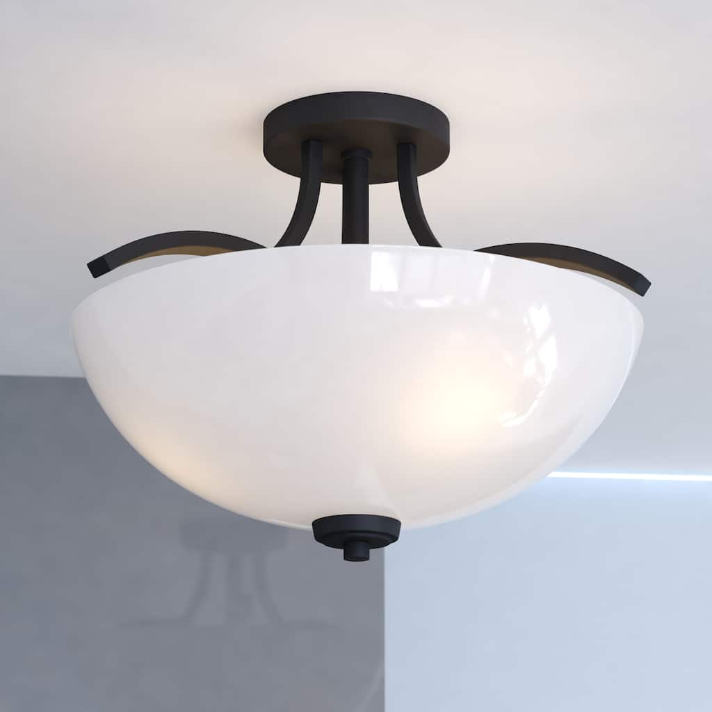 VAXCEL River Grove Matte Black Bowl Semi Flush Mount Lighting Fixture, Frosted White Glass Shade, LED Compatible