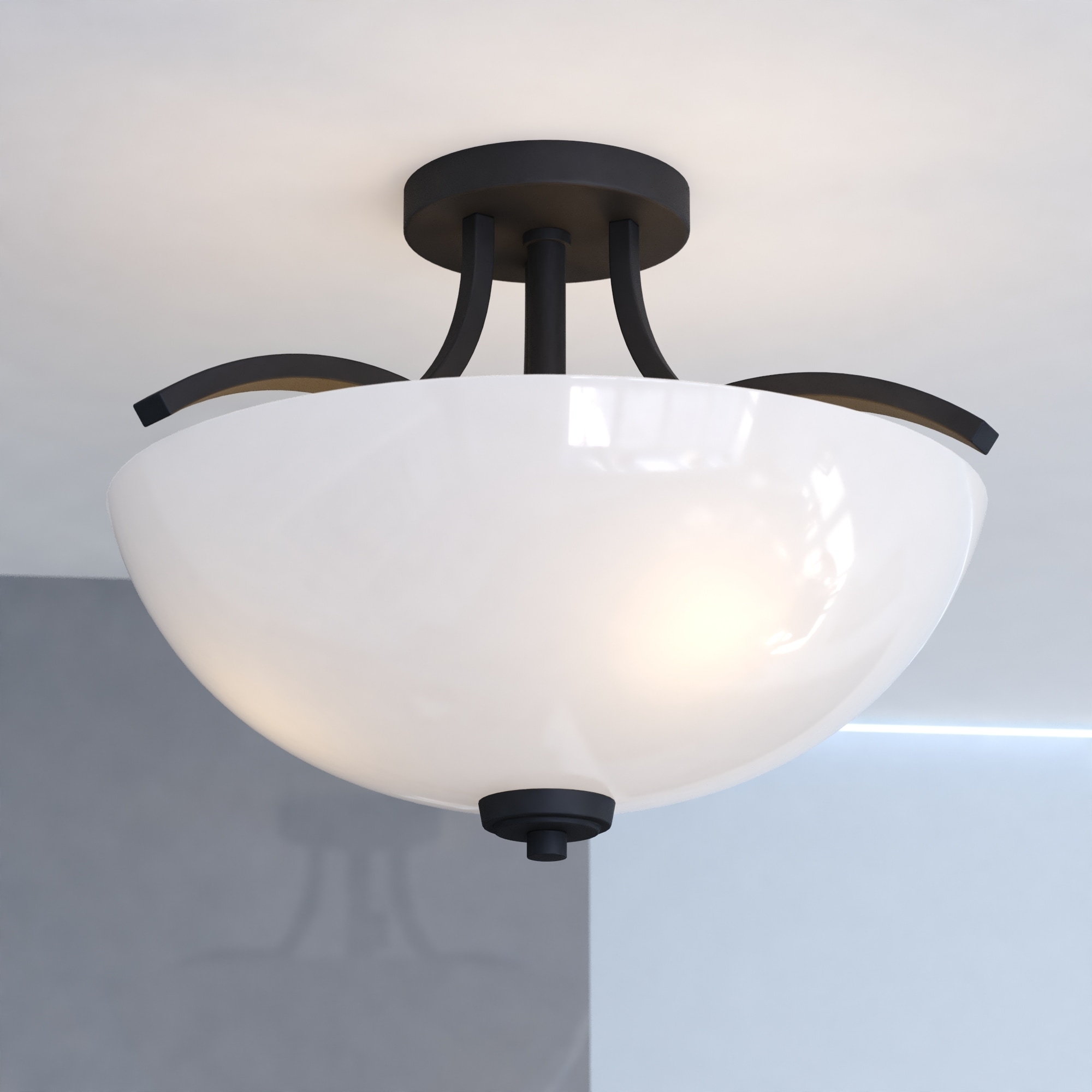 VAXCEL River Grove Matte Black Bowl Semi Flush Mount Lighting Fixture, Frosted White Glass Shade, LED Compatible