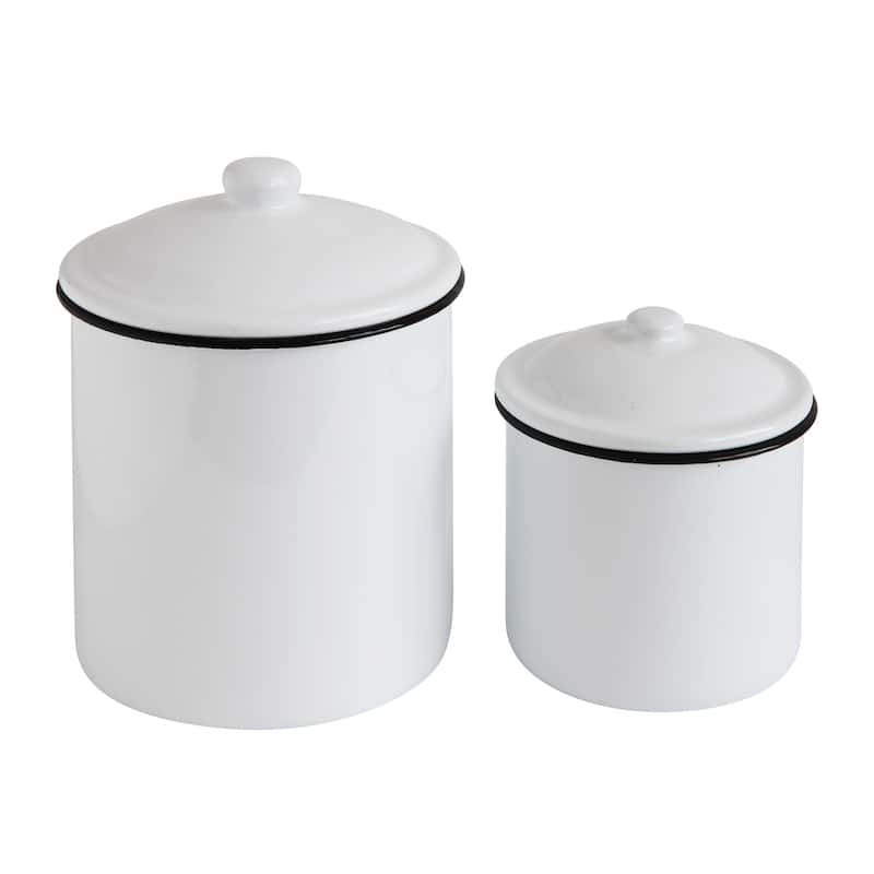 Set of 2 White Enameled Canisters with Lids