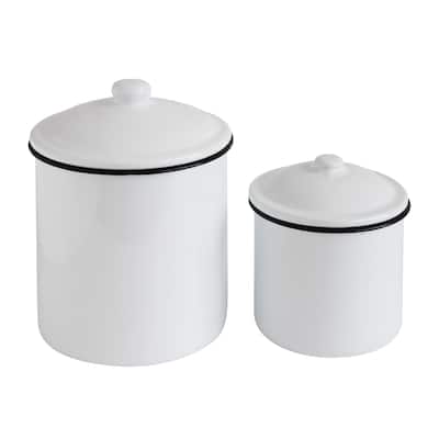 Set of 2 White Enameled Canisters with Lids