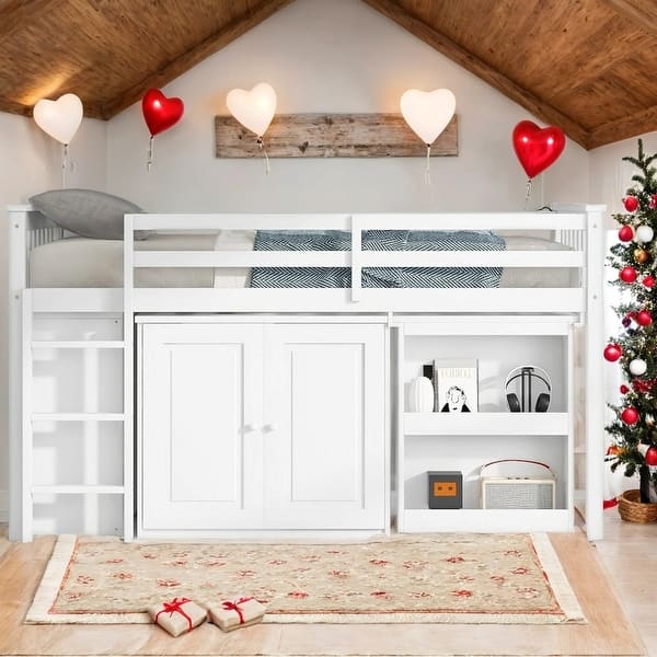 slide 2 of 40, Rubber Wood Loft Bed with Storage and Pulling-Out Desk,Twin Size White