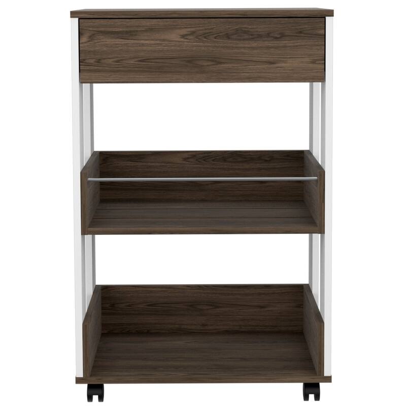Verona Kitchen cart, Three Shelves, Four Casters -White / Dark Walnut - Multicolor