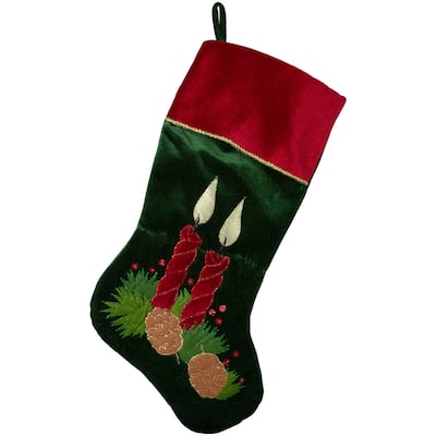 20" Dark Green Burgundy Candle Pine Cone Velveteen Christmas Stocking