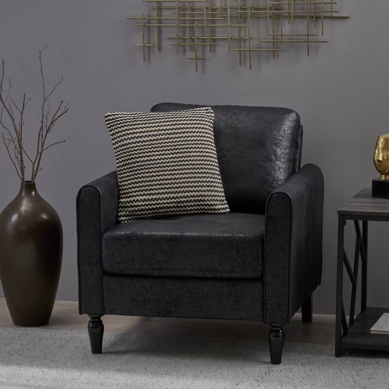 Roomfitters Sleek Upholstered Armchair, Modern Living Room Chair with Durable Faux Leather, Turned Wooden Legs - Black