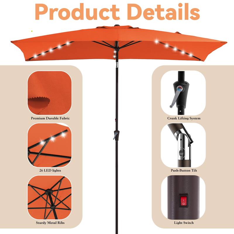 6.5*10ft Rectangular Patio Market Umbrella with LED Lights,Crank & Tilt
