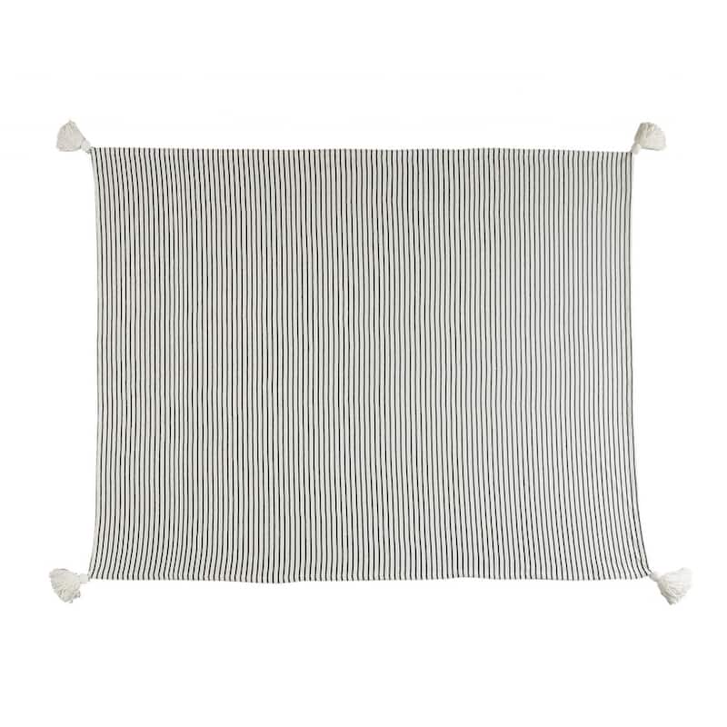 50" X 60" Black and White Woven Cotton Striped Throw Blanket with Tassels
