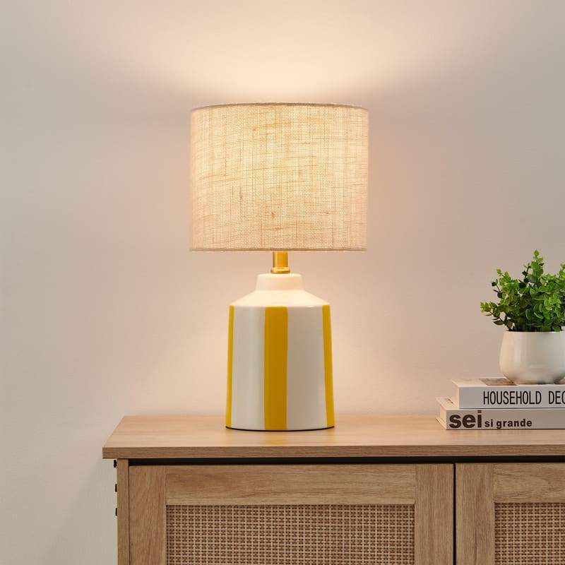 KAWOTI Modern White with Yellow Stripe Ceramic Table Lamp