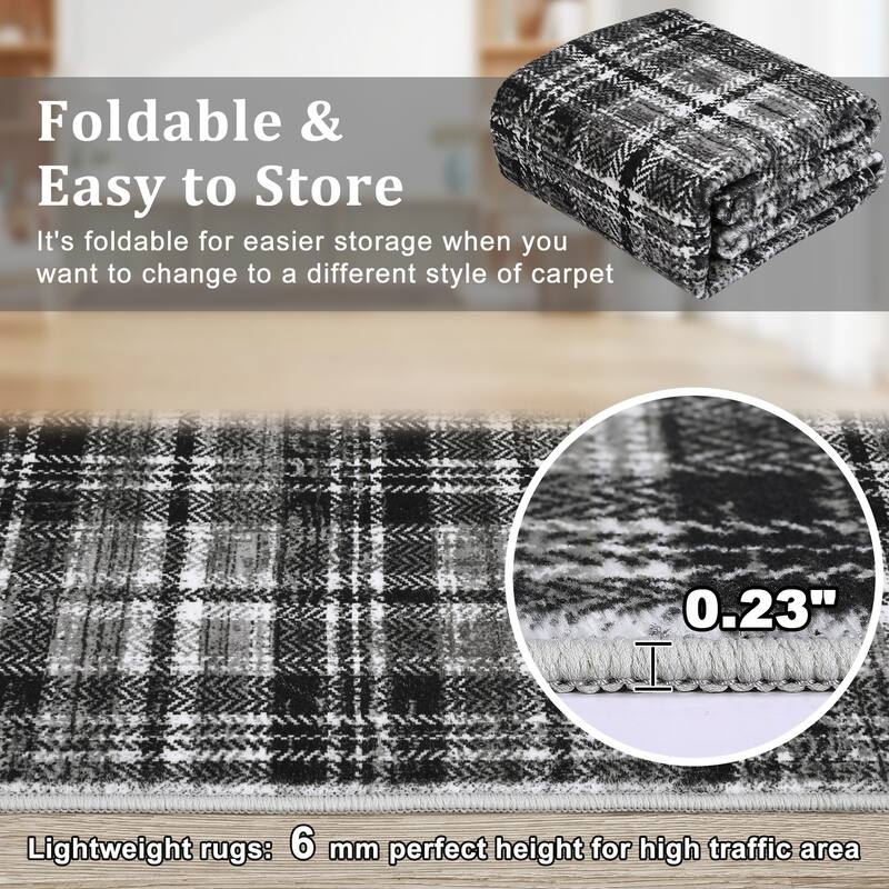 Washable Area Rugs for Living Room Bedroom Modern Plaid Rug Soft Non Slip Low Pile Farmhouse Geometric Rug