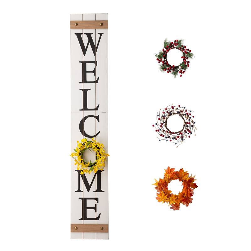 Glitzhome 60"H Wooden Welcome Porch Sign with 4 Floral Wreaths for Fall Halloween Thanksgiving Christmas Decoration