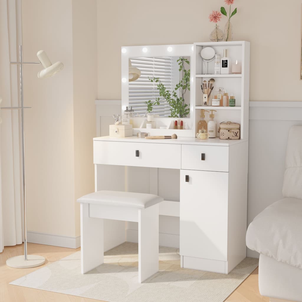 Vanity Desk with Lights & Mirror, Dreeser Table with 2 Drawers & Storage Cabinet, Multi-functional Makeup Vanity Set